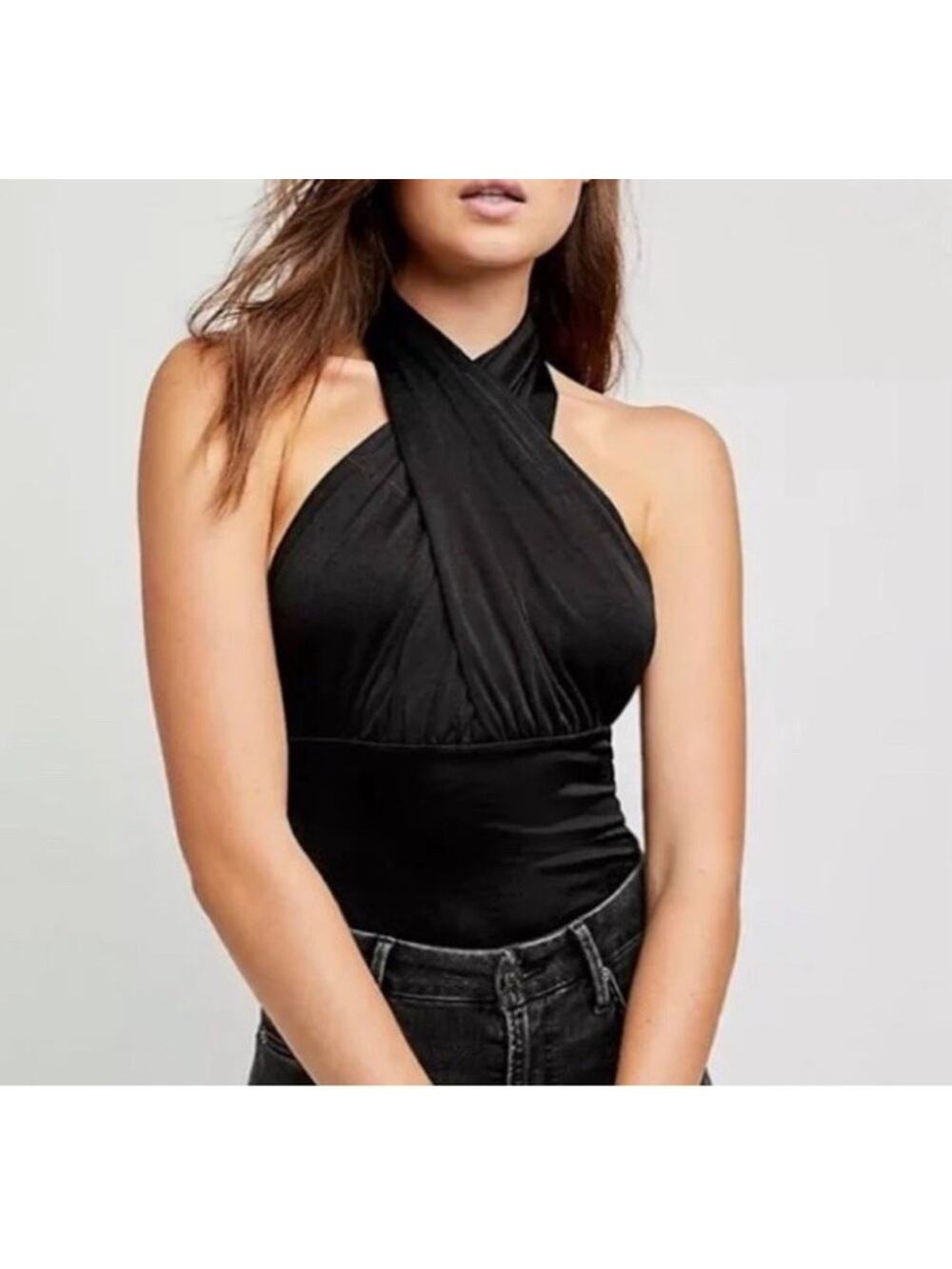 free people imtimately bodysuit Women’s Size Small tie neck Black